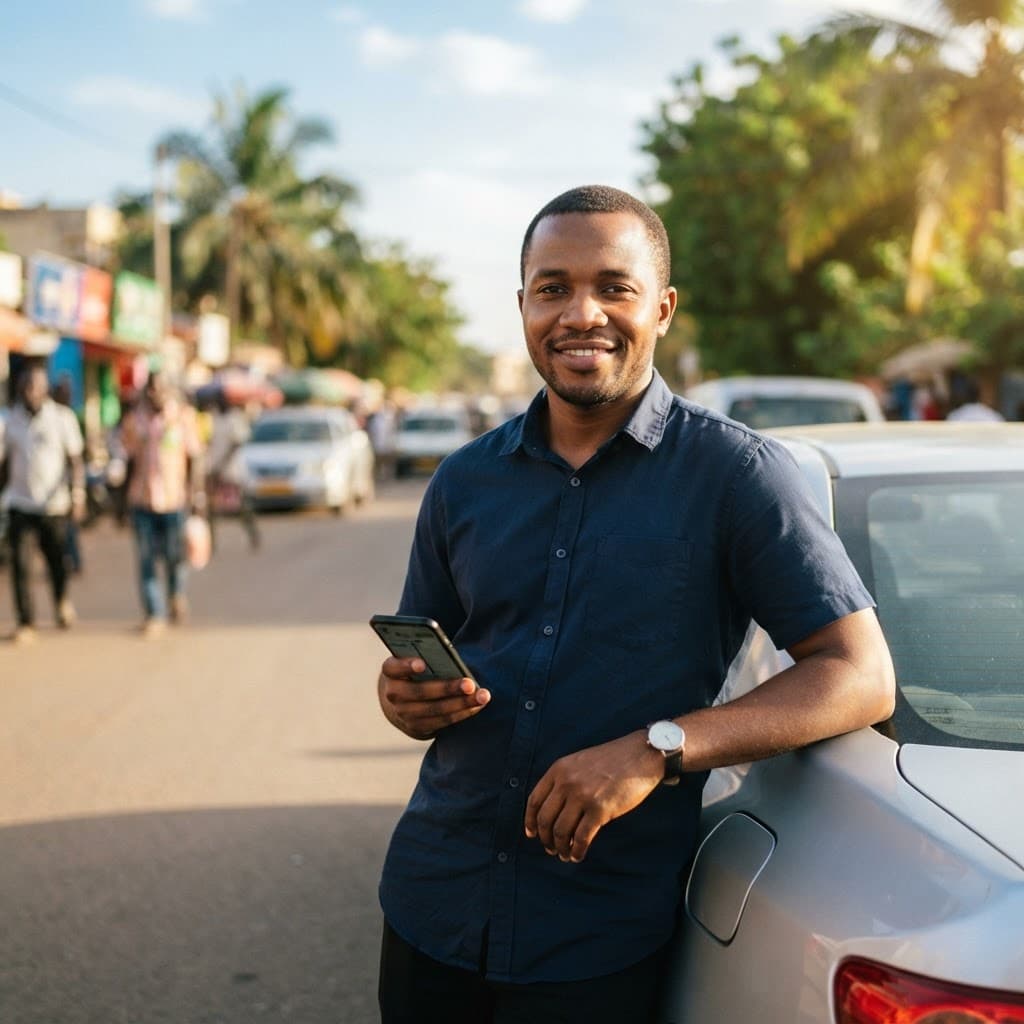 Un chauffeur souriant appuyé sur sa voiture